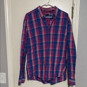 Hugo Boss Men's Blue and Pink Checkered Shirt